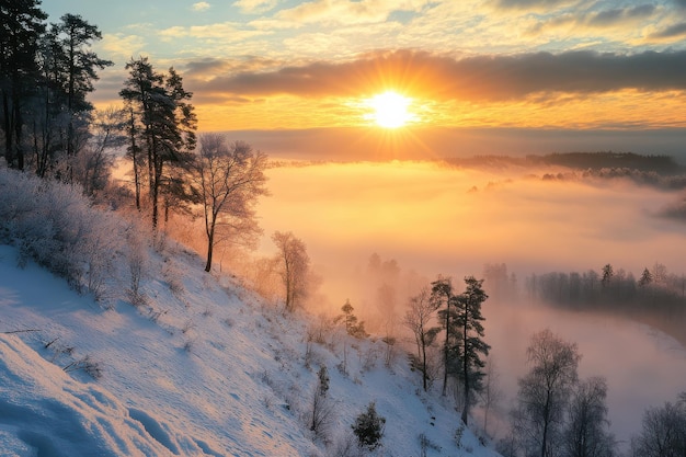 Stunning sunrise over a snowy landscape with mist in a tranquil forest during winter