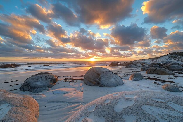 A stunning sunset over the beach with rocks and sand in view the sky is filled with dramatic cloud