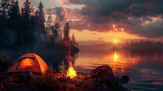 Stunning Sunset Campsite High Resolution Photo Realistic Image of a Campfire and Tent against Gloss