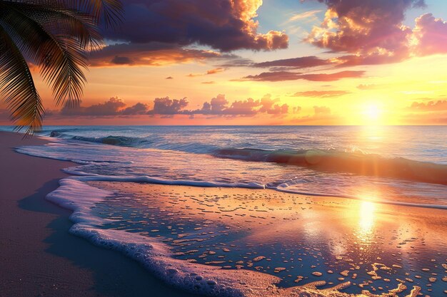 A stunning sunset casts warm hues over a sandy beach lined with swaying palm trees as waves gently