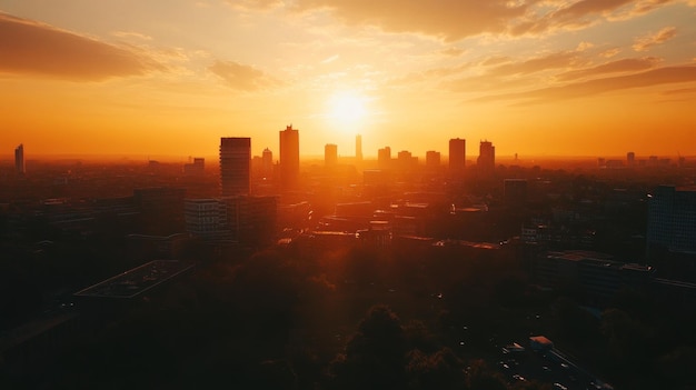 Photo a stunning sunset over a city skyline casting warm hues and silhouettes of buildings