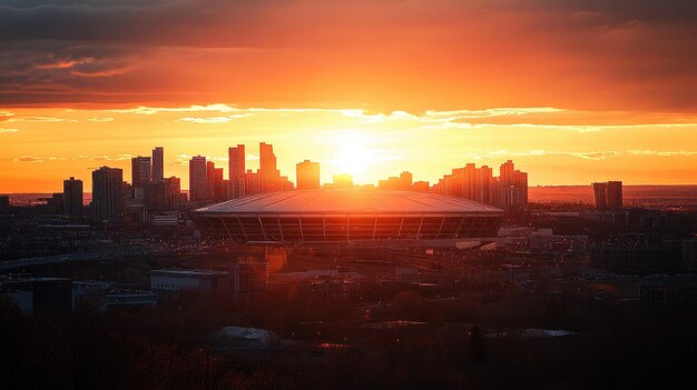 Photo a stunning sunset over a city skyline with a modern stadium in the foreground