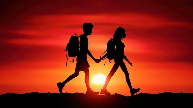 Photo stunning sunset hike with a silhouette of couple on a mountain adventure