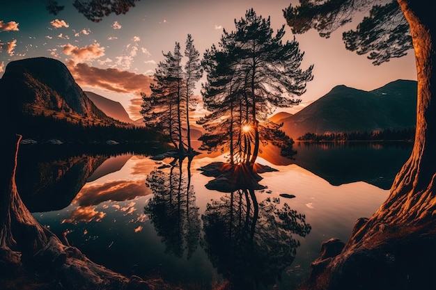 A stunning sunset over the lake with tree shadows mirrored in the water