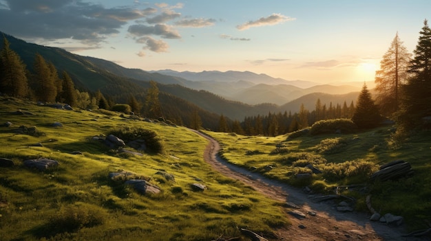 Stunning Sunset Landscape Grassy Path Along The Majestic Mountains