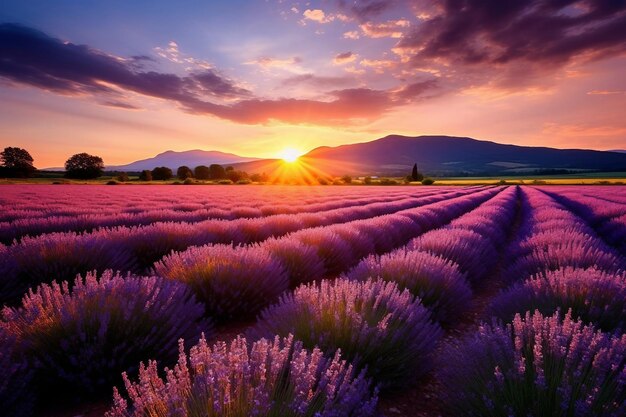 Photo stunning sunset over lavender fields with dramatic colors and tree silhouette generative ai