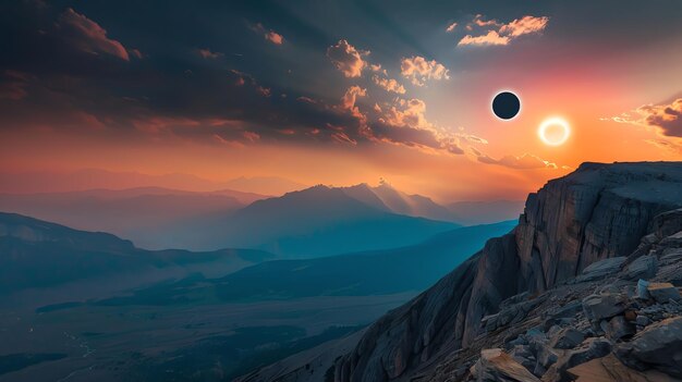 Photo a stunning sunset over a mountain range with a solar eclipse in the sky