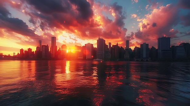 Photo a stunning sunset over the new york city skyline with the sun casting a warm glow on the water