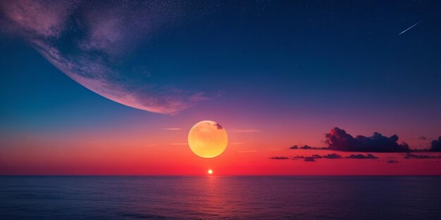 A stunning sunset over the ocean adorned by a moon and a comet