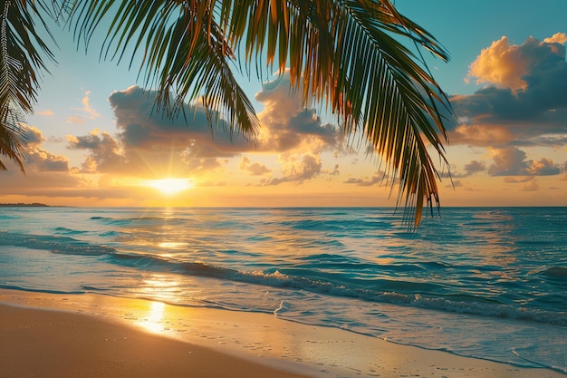 A stunning sunset over the ocean casting a warm glow on a sandy beach lined with swaying palm trees