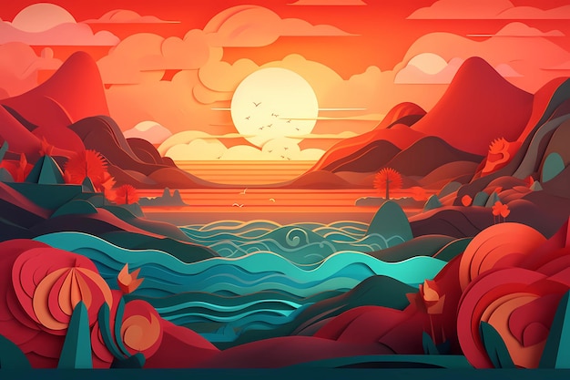 A stunning sunset over the ocean in paper art style digital art illustration generative AI