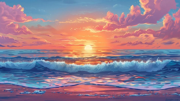 A stunning sunset over ocean waves with a colorful sky and clouds creating a serene beach scene