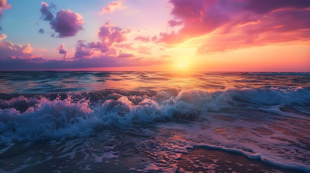 A stunning sunset over the ocean with waves crashing on the shore