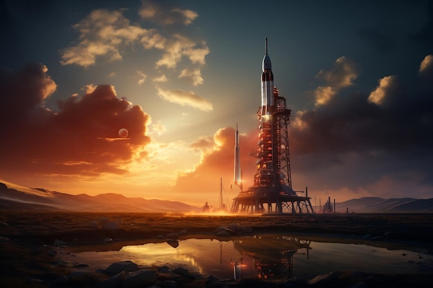 Stunning Sunset Rocket on Launchpad AI