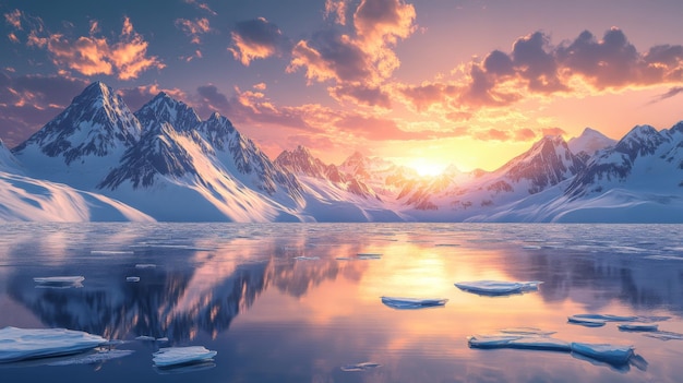 Stunning sunset over snowy mountains reflected in calm waters