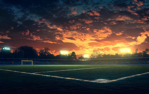 Photo a stunning sunset over a soccer field illuminating the sky with vibrant colors while stadium lights begin to glow