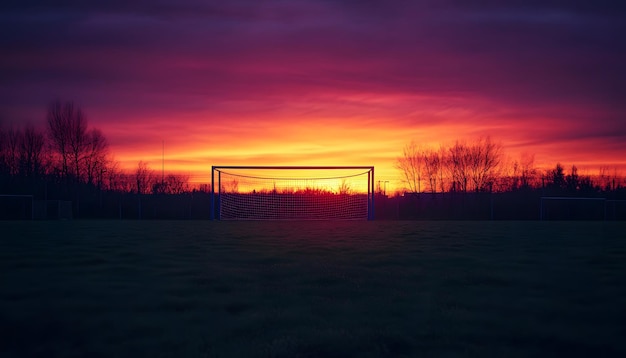 Photo a stunning sunset behind a soccer goal casting vibrant colors over a peaceful field perfect for sports and nature themes