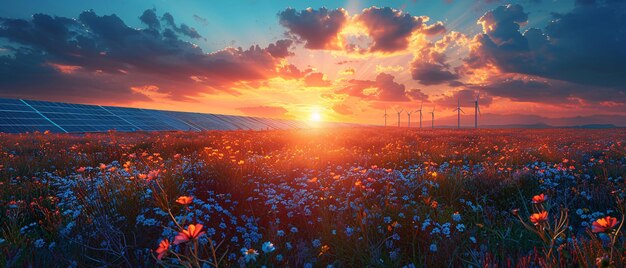 Stunning Sunset over Solar Panels and Wind Turbines with Field of Flowers Stunning Sunset over Solar Panels and Wind Turbines with Field o