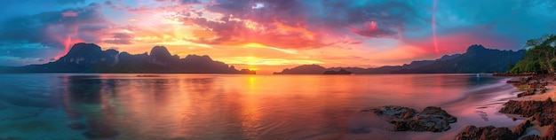 Photo stunning sunset over a tranquil sea and mountainous coastline