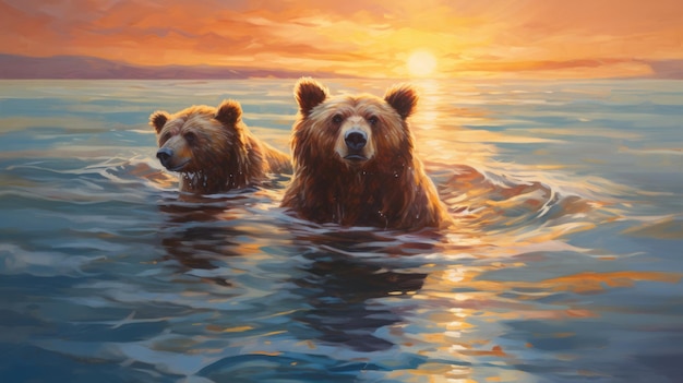 Stunning Sunset Two Bears Swimming In The Ocean