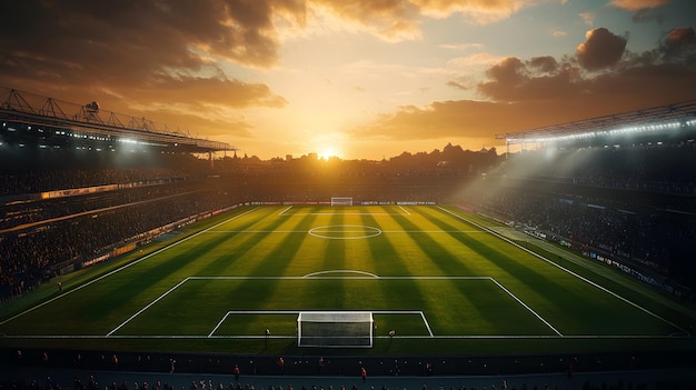 A stunning sunset over a vibrant football pitch showcasing the beauty of sports stadiums with lush green grass and dramatic lighting