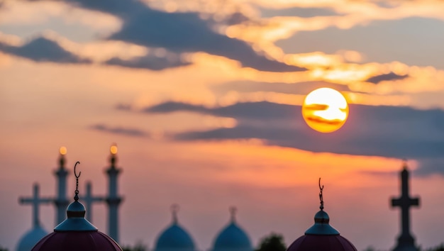 Photo stunning sunset with a tower silhouette and bokeh lights in the sky