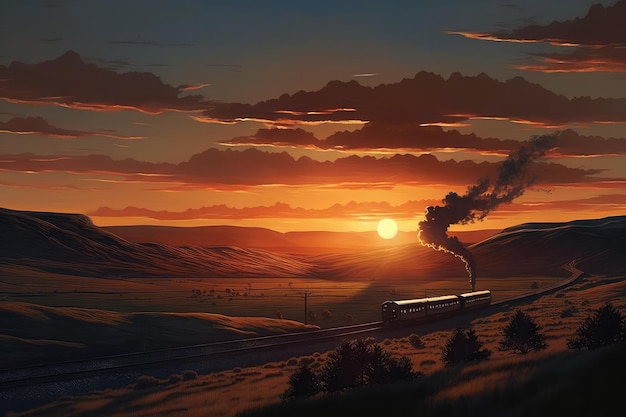 Stunning sunset with train in the distance against a backdrop of rolling hills