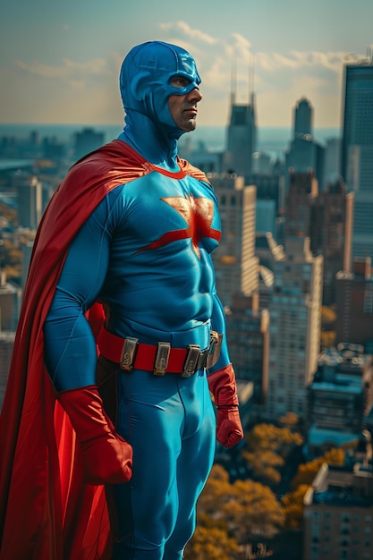 Photo stunning superhero in blue and red costume with cape heroic pose against city skyline