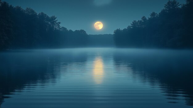 Photo a stunning and surreal photo of a serene lake illuminated by the moonlight with rippling shadows