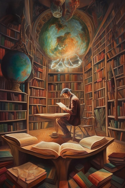 A stunning surrealistic oil painting of a men in library generative AI