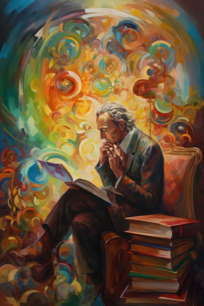 A stunning surrealistic oil painting of a men in library generative AI