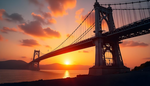 Stunning Suspension Bridge at Sunset Over Calm Waters