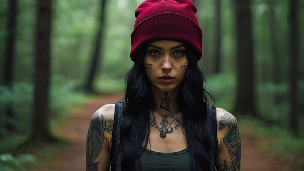 Stunning Tattooed Woman With Beanie Woods Generated By AI