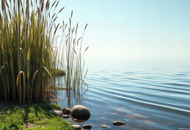 Photo stunning tranquil riverbank with tall reeds and gentle ripples on the water