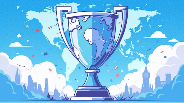 A stunning trophy symbolizing victory and achievement against a vibrant world map background Perfect