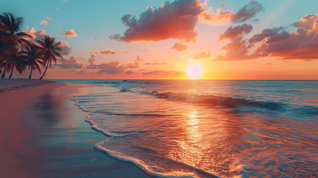 Stunning Tropical Beach Sunset with Palm Trees and Reflections