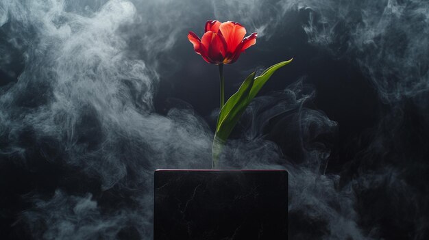 Stunning Tulip Display on a Black Podium Perfect for Floral Arrangements and Botanical Presentations