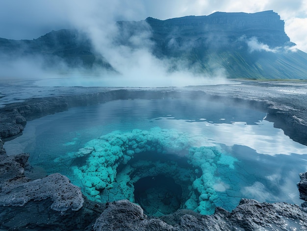 Photo stunning turquoise lagoon with misty mountain background