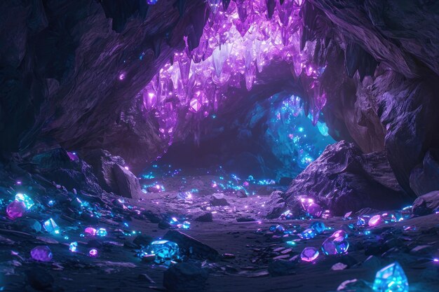 Photo a stunning underground cave is aglow with an enchanting display of vibrant purple and blue lights a mysterious cave filled with glowing gemstones ai generated