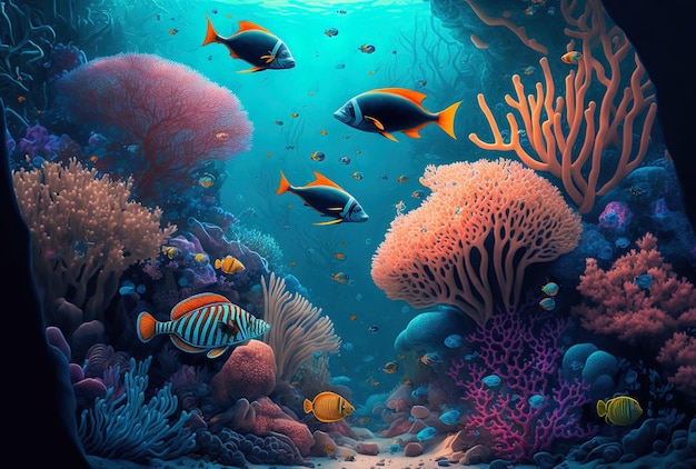 Stunning underwater environment with corals and tropical fish