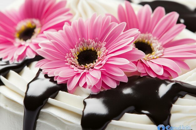 Photo stunning vanilla cake with glossy chocolate ganache and fresh flower topping