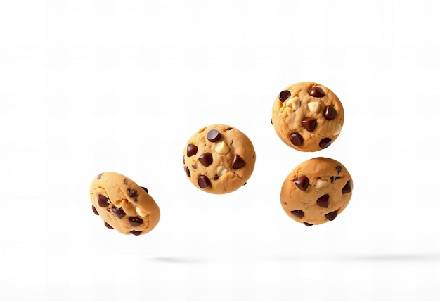 Photo stunning vertical line of chocolate chip cookies floating in the air isolated on white background