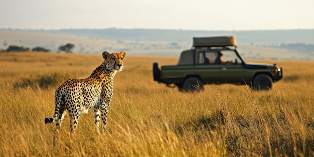 Photo a stunning view of a cheetah in golden grasslands near a safari vehicle capturing the essence of wildlife adventure