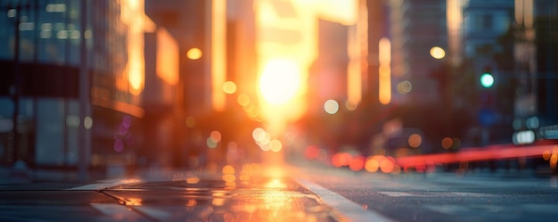 Photo a stunning view of a city street during sunset with blurred lights and reflections creating a beauti