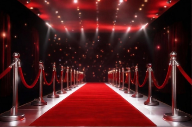 Stunning view of empty theater stage with red velvet curtains between rope barriers