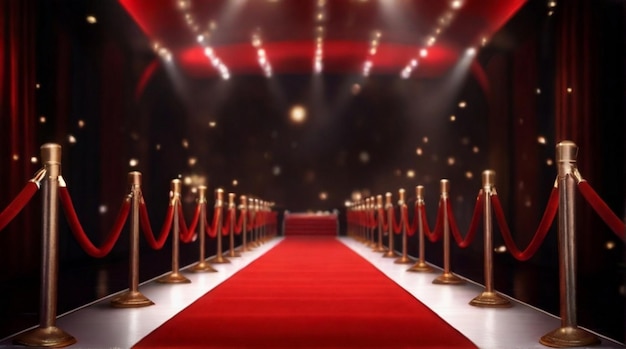 Stunning view of empty theater stage with red velvet curtains between rope barriers