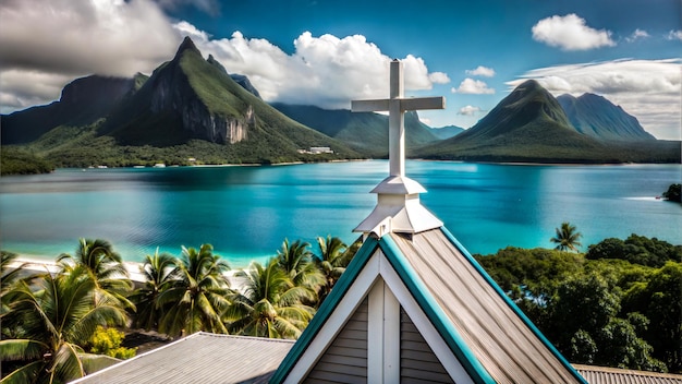 Stunning view from a church roof overlooking turquoise waters and mountains in the Pacific Islands