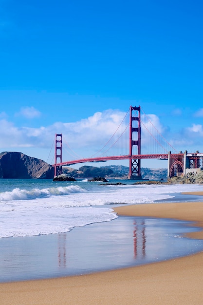 Stunning view of the Golden Gate Bridge from Baker Beach, San Francisco, California, USA. Vertical landscape.