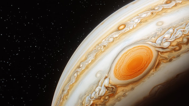 A stunning view of Jupiter showcasing its Great Red Spot and swirling cloud patterns