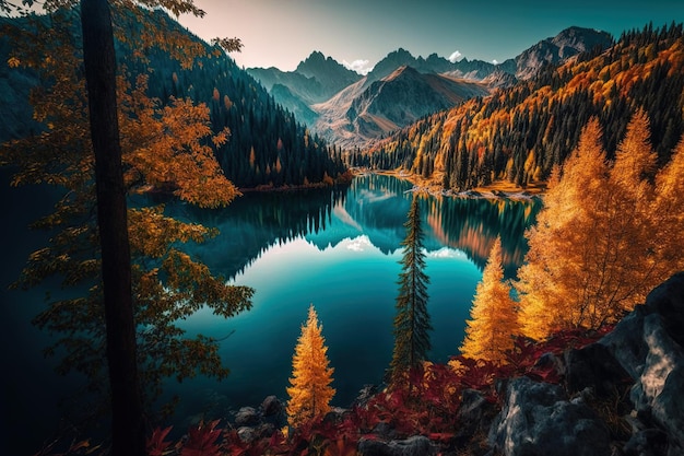 Stunning view of a lake surrounded by colorful fall trees